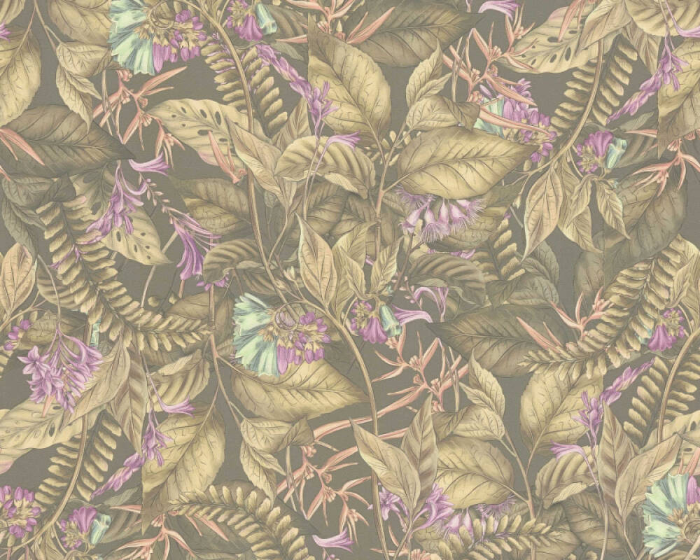 Vliesové tapety hnedozelené listy a fialové kvety na tmavom pozadí, 39425-3 Drawn into Nature